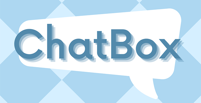 ChatBox branding featuring duotone blue checkered shapes and a speech bubble