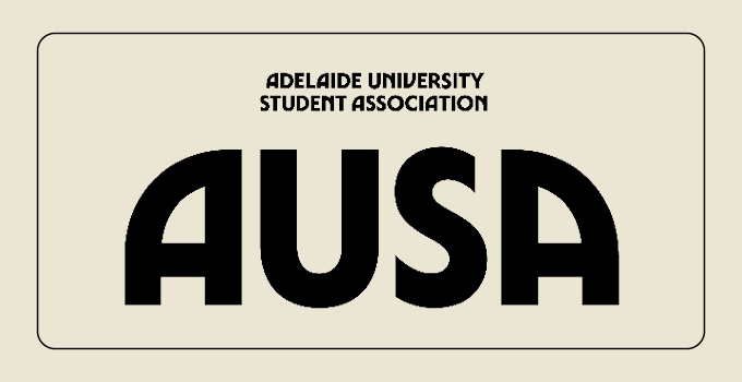 "Adelaide University Student Association 
AUSA" in a rounded rectangle frame on a clay-colored background