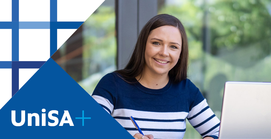 UniSA+ branded banner is image of female student looking at camera while working outdoors on a laptop,
