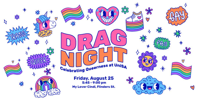Pink and Orange wavy "Drag Night" lettering surrounded by rainbows and other illustrated queer iconography