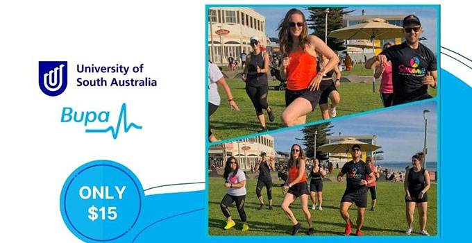 Bupa Wellness branding with image of people participating in Zumba