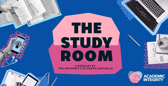 Blue and pink branded The Study Room Podcast banner featuring Academic Integrity fingerprint logo and collage cutout images of study materials.