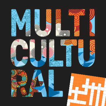 Multicultural Fest branding with orange crossword graphic cropped and on an angle in the right hand corner.