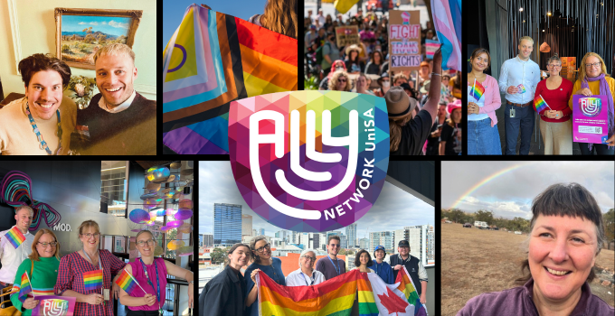 Rainbow Ally Network logo surrounded by collage of photos of student and staff allies.