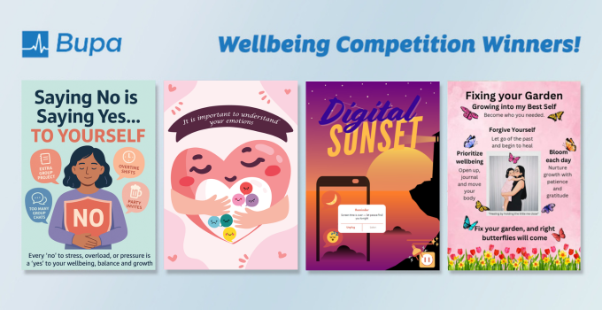 "Wellbeing Competition Winners!" along with the Bupa logo and winning posters collage