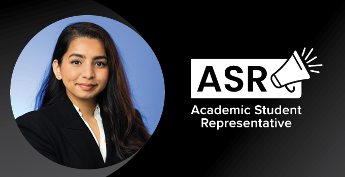 ASR (Academic Student Representative) logo on a black background. To the left of the logo is a headshot of Chanchal wearing a black blazer in front of a blue background.