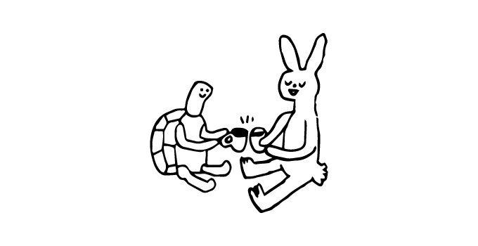 Hand drawn minimalist cartoon of a tortoise and a hare sitting down and smiling while enjoying a coffee together. The illustration is black against a pure white background.