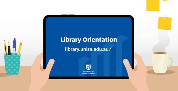 Image of tablet with webpage URL library.unisa.edu.au