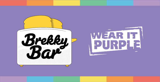Brekky Bar and Wear it Purple day co-brand featuring rainbow border and muted purple background