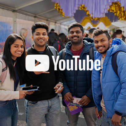 Image of one female and four male students inside a pavilion marquee for Volunteering Expo, with YouTube logo as an overlay on the image