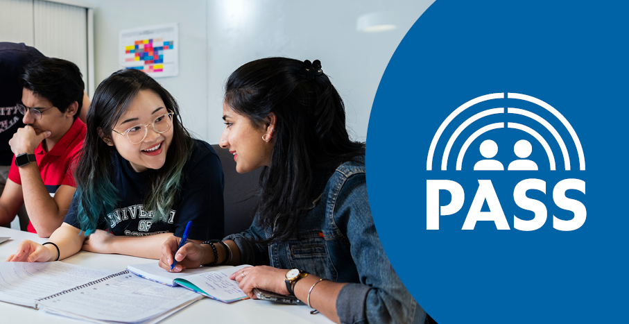 Small group of students studying and interacting during a Peer Assisted Study Session. The image is cropped on the right by a blue circle with a white PASS logo in the centre.