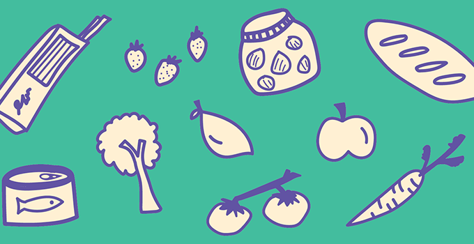 Thick line hand-drawn illustrations of groceries on aqua background. 