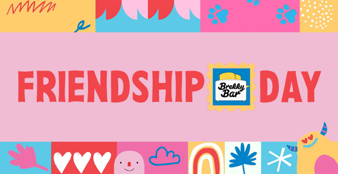 Friendship Day graphic with Brekky Bar logo surrounded by cartoon illustrations including a rainbow, flowers, and hearts.