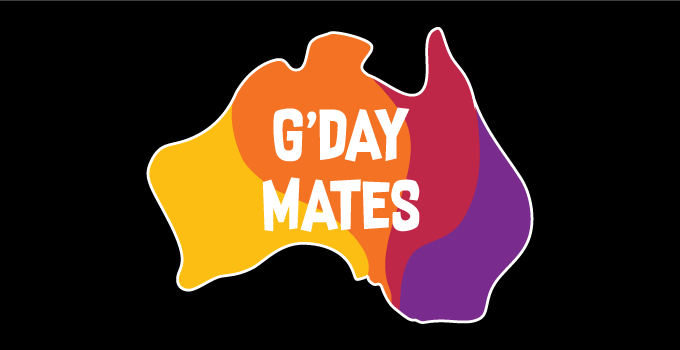 G'Day Mates branded banner featuring shape of Australia logo with yellow, orange, red and purple colours inside